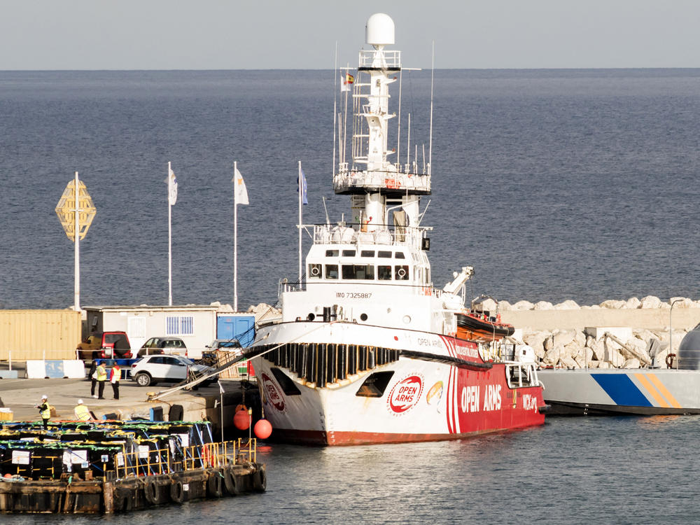 The Open Arms vessel, carrying almost 200 tons of food aid to Gaza, is seen docked in the Cypriot port of Larnaca on March 9.