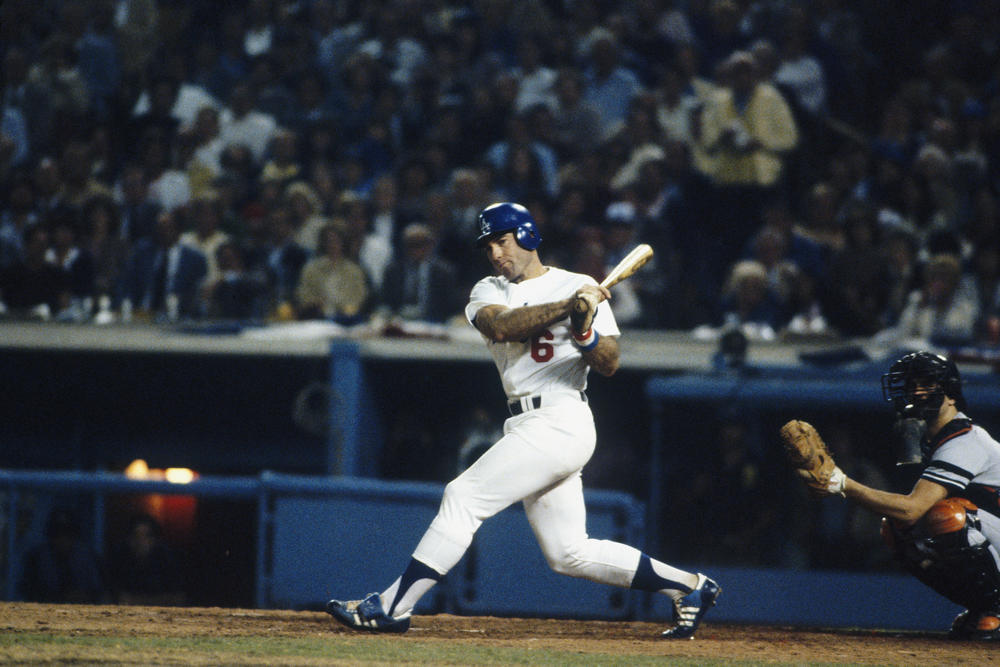 Steve Garvey of the Los Angeles Dodgers bats against the New York Yankees during the World Series at Dodger Stadium in Los Angeles in October of 1981.