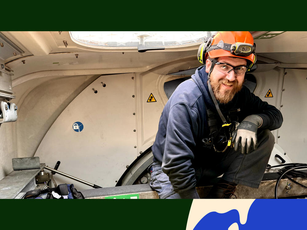 Technician Konnor Therriault inside of a Vestas wind turbine in Bingham, Maine.