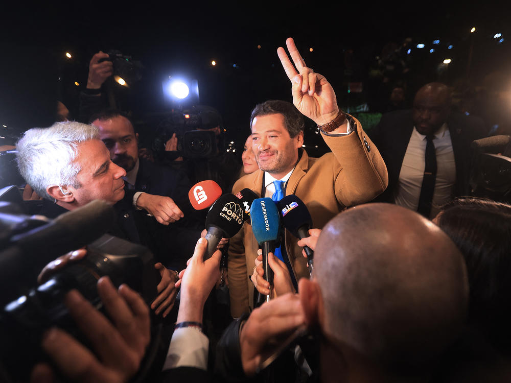 Chega leader André Ventura reacts as he arrives at Marriot Hotel, CHEGA's electoral night headquarters, in Lisbon on March 10, 2024.