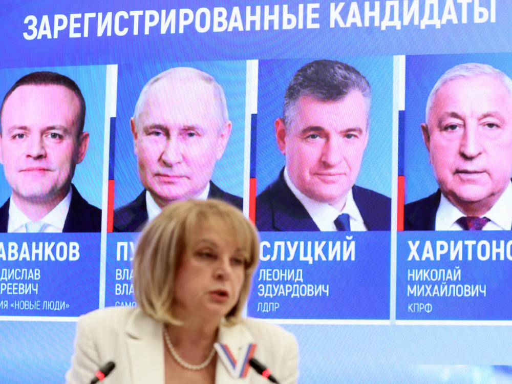The head of Russia's Central Election Commission, Ella Pamfilova, speaks in the run-up to the presidential election in Moscow on Thursday. The four candidates: New People party politician Vladislav Davankov, President Vladimir Putin, Liberal Democratic Party of Russia leader Leonid Slutsky and Communist Party politician Nikolai Kharitonov.