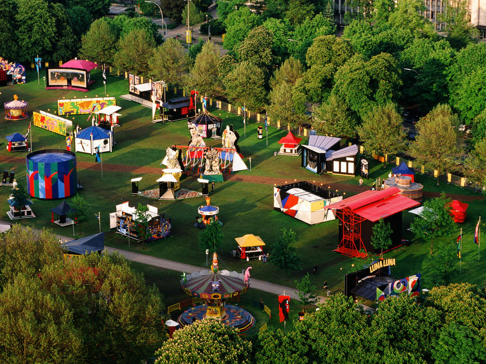 An aerial view of Luna Luna in Moorweide park in Hamburg, Germany in 1987.