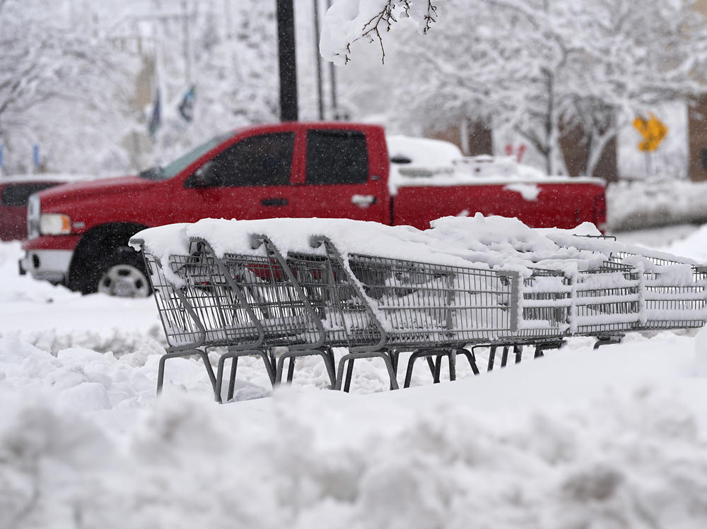 Shopping carts topped with heavy snow sit marooned in the lot of a grocery store as a late winter storm dropped up to a foot of snow Thursday, March 14, 2024, in Golden, Colo.