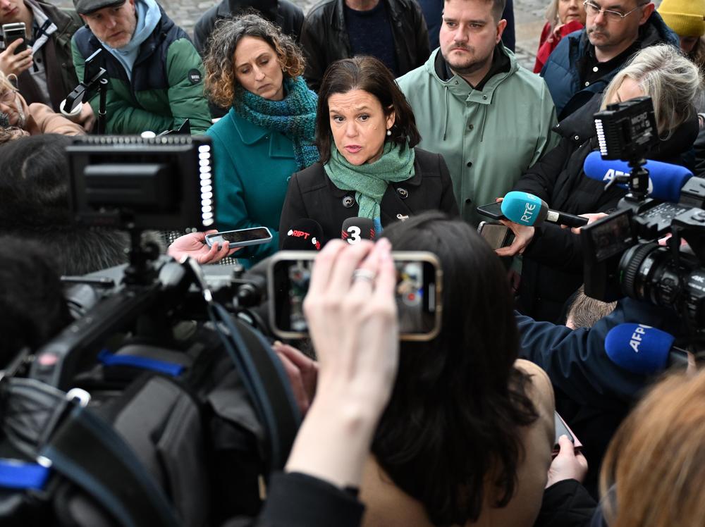 Sinn Fein leader Mary Lou McDonald speaks to the media outside Dublin castle following the referendum on March 9, 2024 in Dublin, Ireland.