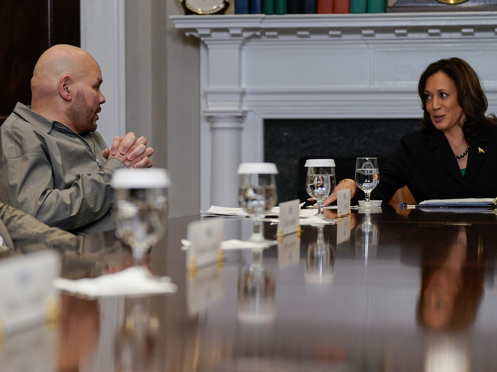 Vice President Harris speaks at a roundtable on marijuana reform that included rapper Fat Joe and Kentucky Gov. Andy Beshear.