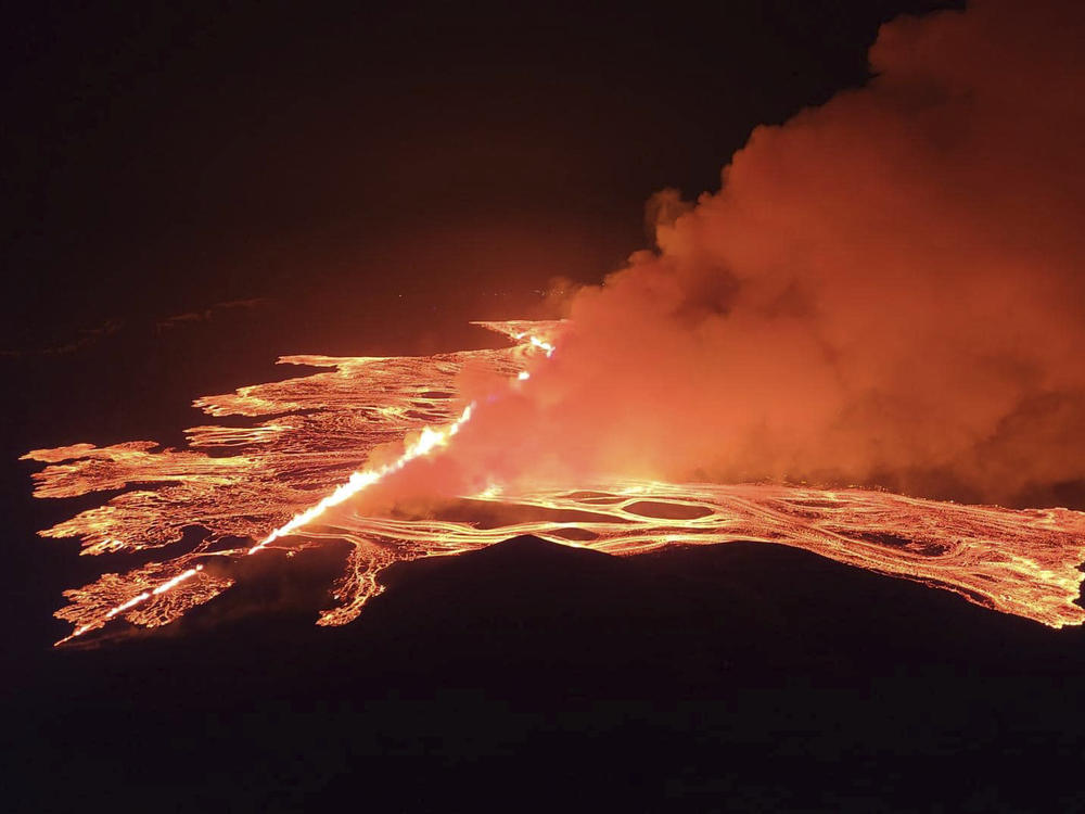 This image from video provided by Iceland Civil Defense shows lava erupting from a volcano between Hagafell and Stóri-Skógfell, Iceland, on on Saturday, March 16, 2024.