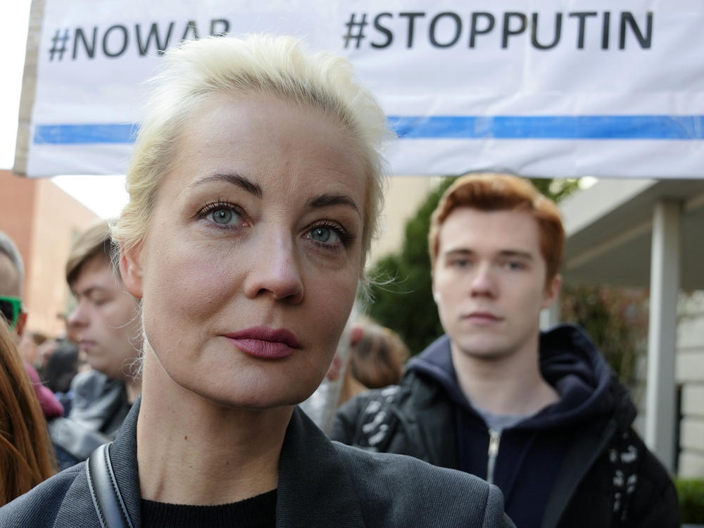 Yulia Navalnaya, widow of Alexei Navalny, stands in a queue with other voters at a polling station near the Russian embassy in Berlin, on Sunday.