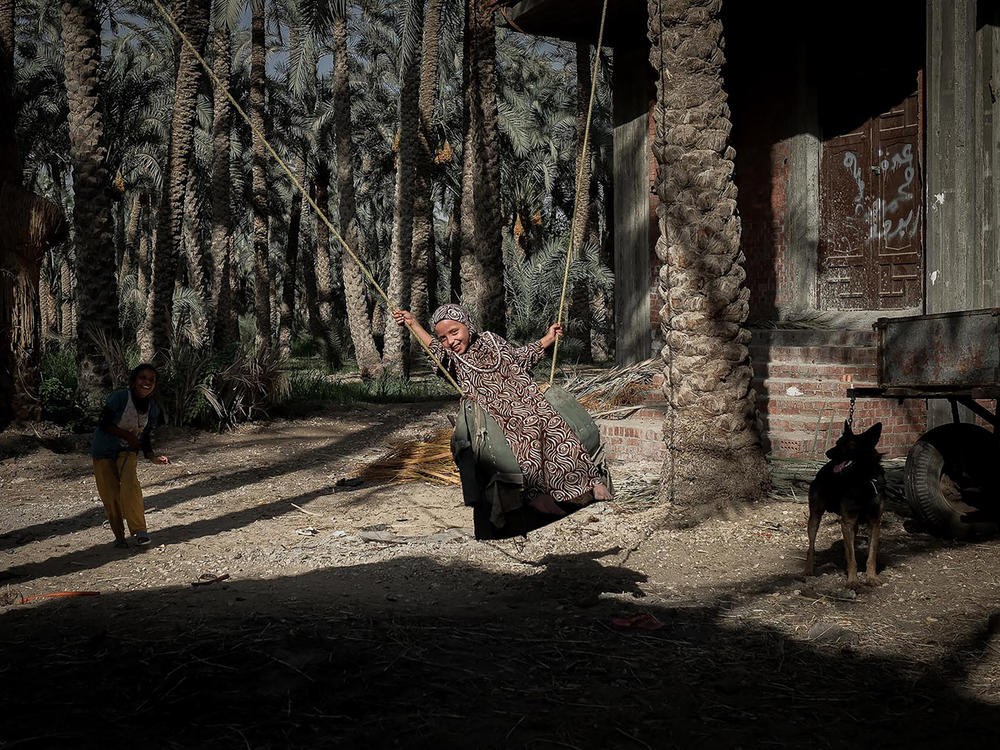 Hanan Ali's dad made this swing and hung it from two palms for his daughter. The family lives in Egypt. The photo is from May 11, 2017.