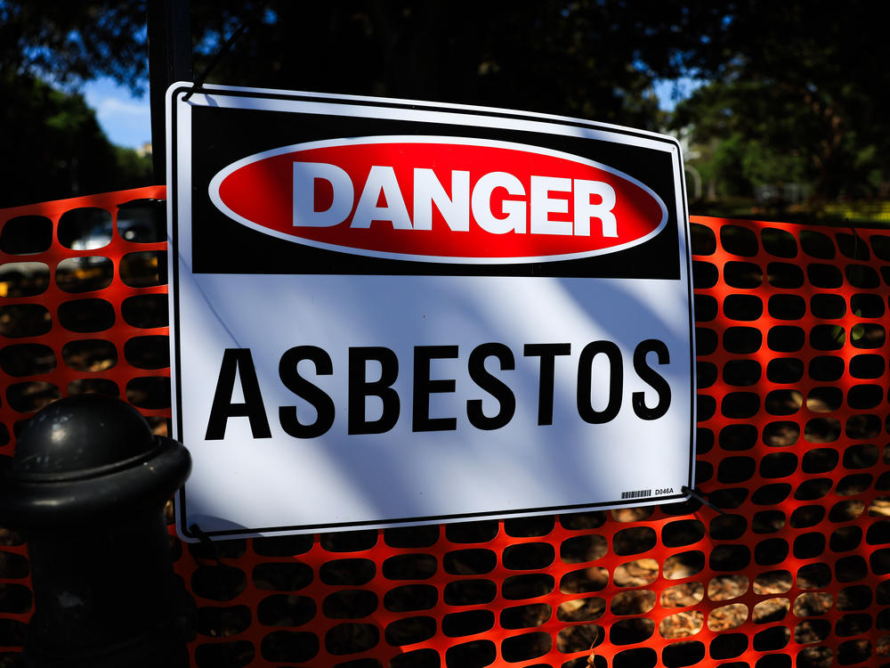An asbestos warning sign is seen at Victoria Park in in Sydney, Australia on February 29, 2024.
