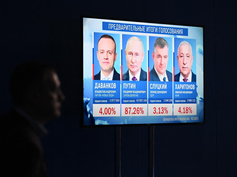 Preliminary results of the presidential election are displayed on a screen at the campaign headquarters of Russian President and presidential candidate Vladimir Putin in Moscow on Sunday.