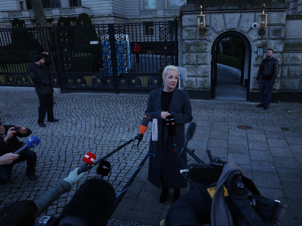 Yulia Navalnaya, widow of late Russian opposition figure Aleksei Navalny, speaks to the media outside the Russian Embassy after she voted in Russian elections on Sunday in Berlin.