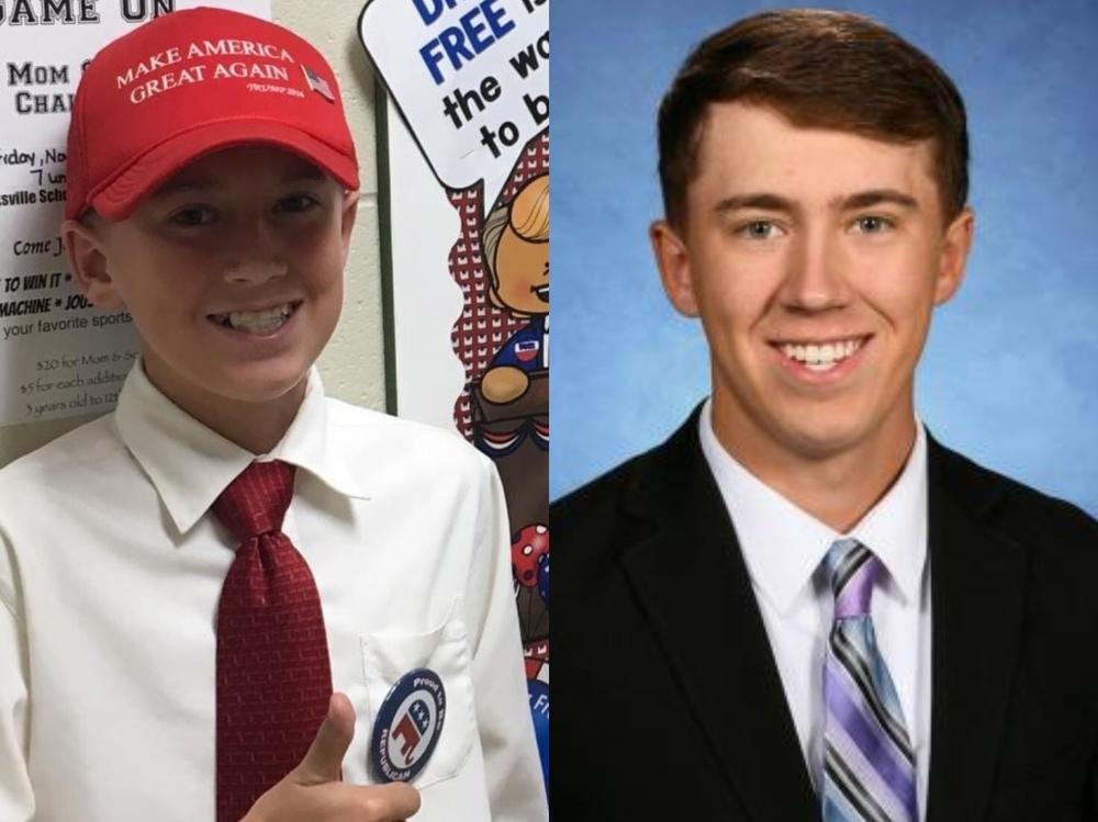 Rylen Bassett on career day in fourth grade (left) and Bassett in his high school senior portrait (right). He told NPR that Trump's candidacy in 2016 was 