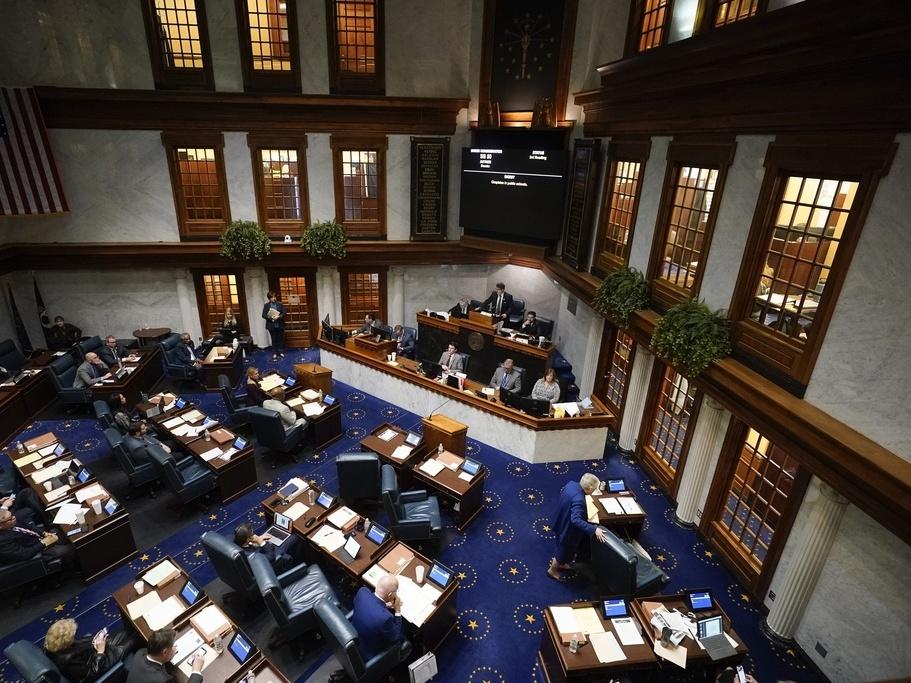 Senators meet in the senate chamber at the Statehouse, Thursday, Feb. 1, 2024, in Indianapolis.