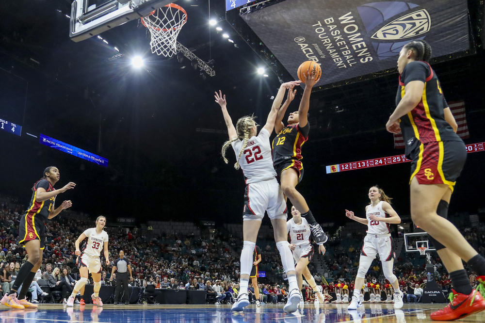 JuJu Watkins shoots during an NCAA game in the championship of the Pac-12 tournament on March 10.