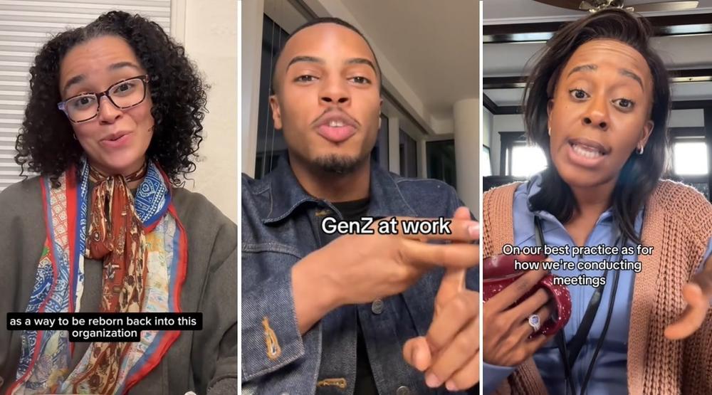 (From left) Nicole Daniels, DeAndre Brown and Lisa Beasley take a sharp and often satirical look at modern office culture, sharing their videos on TikTok, where these screenshots were taken.