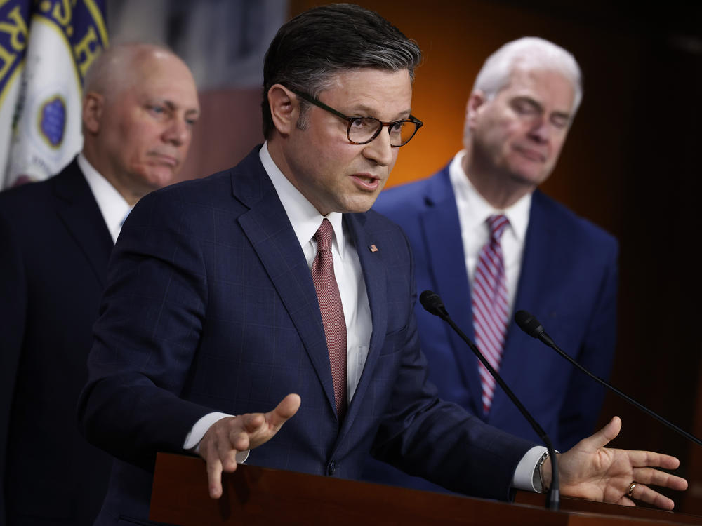 House Speaker Mike Johnson speaks during a news conference with Majority Leader Steve Scalise and Majority Whip Tom Emmer following a closed-door caucus meeting on March 20. Congressional leaders announced they reached a deal on a FY2024 spending package.