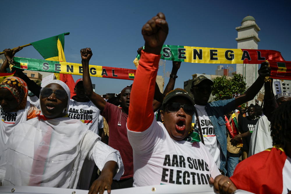 Senegalese protesters from civil society platform AAR SUNU Election hold a march to protest against the postponement of the presidential election that was scheduled for February 25 in Dakar, Senegal February 17, 2024.