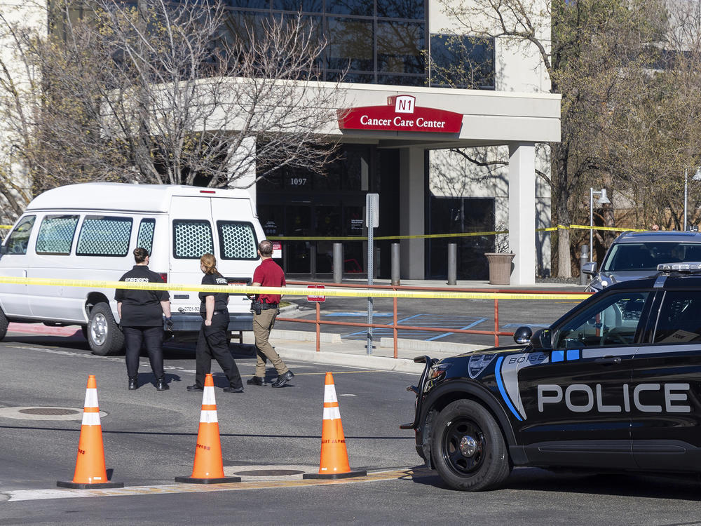 A police vehicle is parked outside Saint Alphonsus Regional Medical Center in Boise, Idaho, on Wednesday, March 20, 2024.