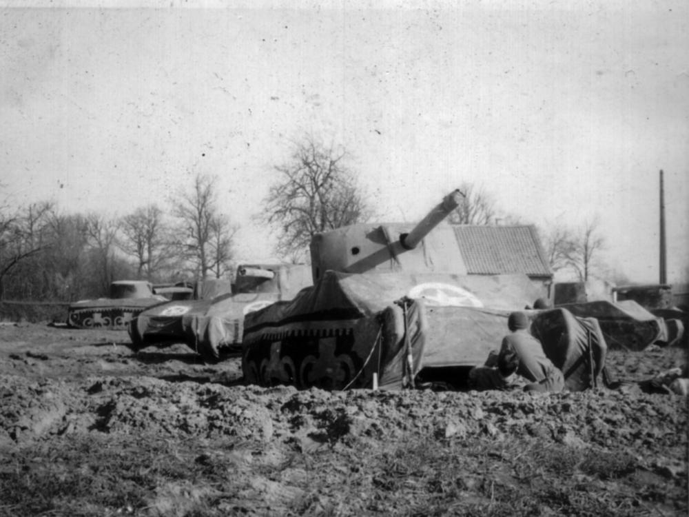This photo provided by the Ghost Army Legacy Project shows inflatable tanks in March, 1945.