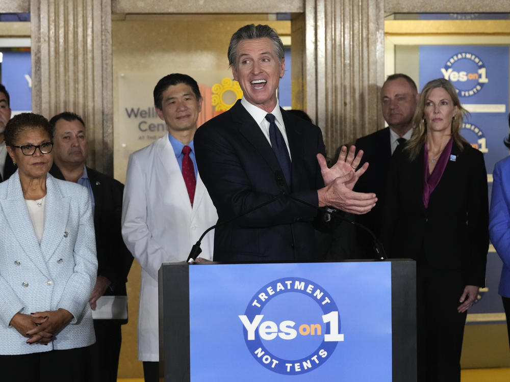 California Gov. Gavin Newsom speaks in support of Proposition 1, a $6.38 billion bond ballot measure, during a news conference at the Los Angeles General Medical Center in Los Angeles, Wednesday, Jan. 3, 2024.
