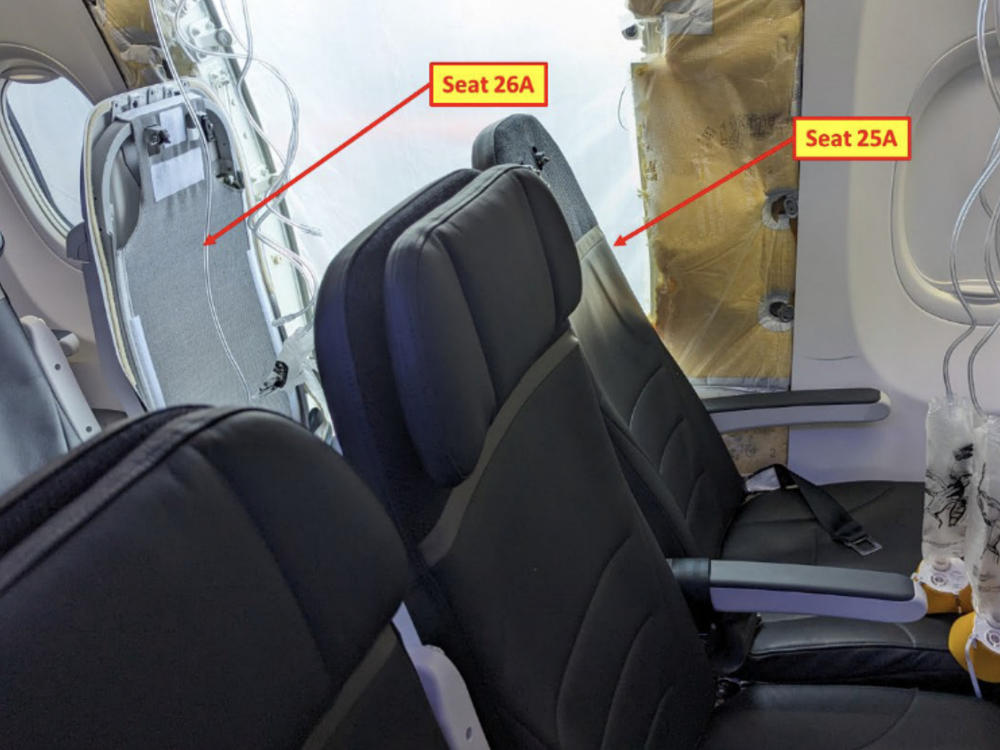 A photo from the National Transportation Safety Board shows seats that were near the door plug expelled from a Boeing 737 Max 9 in flight. Seats 26A and 26B were unoccupied — a fact that helped prevent the incident from being worse, officials said.