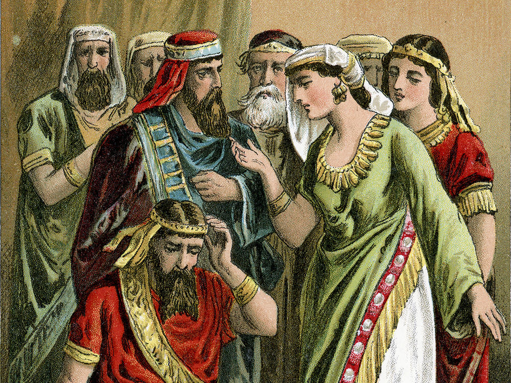 Vintage color lithograph from 1882 of Haman as he lays his Complaint before Zeresh his wife and all his friends.