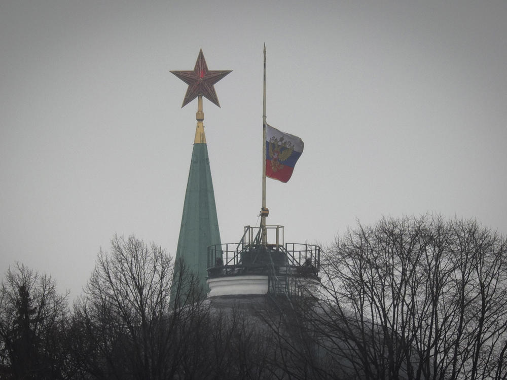 Russian President's Flag flies at half mast over the Kremlin in Moscow. Russia observed a national day of mourning on Sunday, two days after an attack on a suburban Moscow concert hall that killed over 130 people.