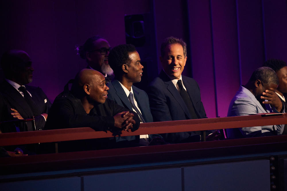 From L to R, Dave Chappelle, Chris Rock and Jerry Seinfeld at The Kennedy Center in Washington, D.C. to honor Kevin Hart as he received The Mark Twain Prize for American Humor on March 24th, 2024.