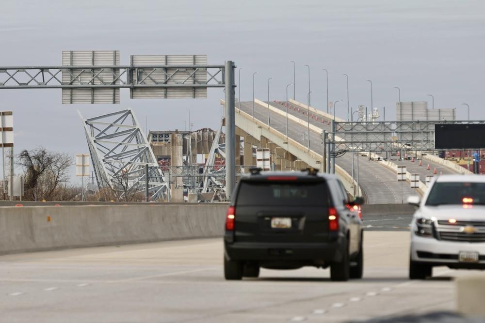 A blocked road that leads to the now-collapsed Francis Scott Key Bridge in Baltimore, Md.