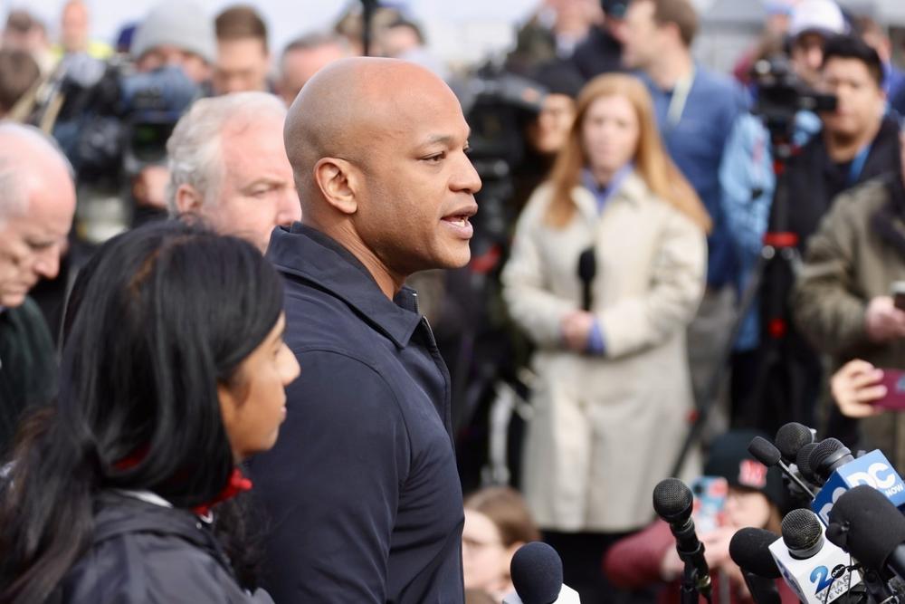 Gov. Wes Moore speaks at a news conference at the Maryland Department of Transportation campus near the bridge.