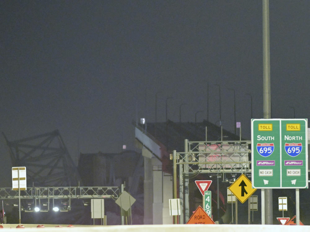 Parts of the Francis Scott Key Bridge remain after a container ship collided with a support Tuesday, March 26, in Baltimore.