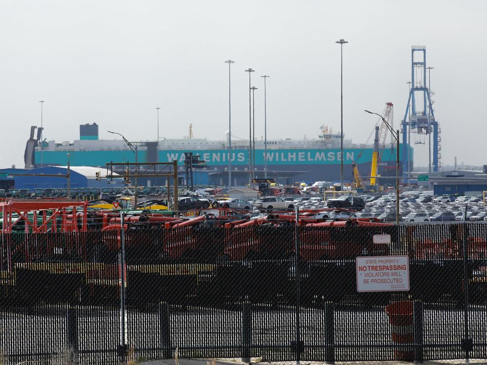 Cars are visible in a general view from the Baltimore Port after the cargo ship Dali ran into and collapsed the Francis Scott Key Bridge in Baltimore, Md., on Tuesday. The accident has temporarily closed the Port of Baltimore, which handles more vehicles per year than any other U.S. port.