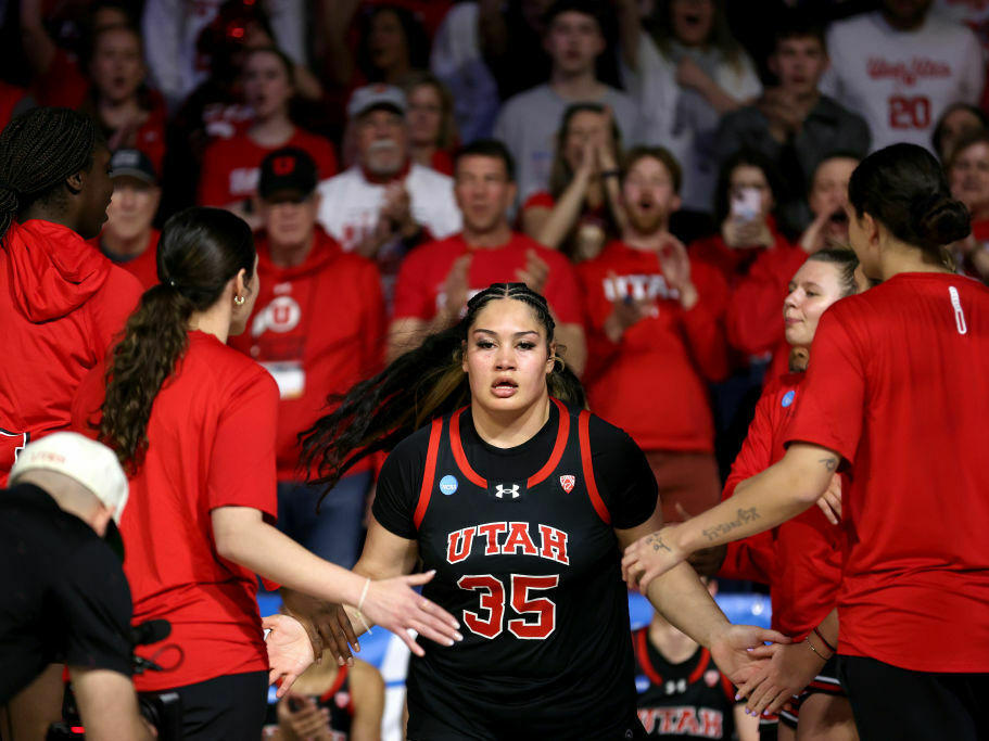Alissa Pili #35 of the Utah Utes is introduced before the game against the Gonzaga Bulldogs in the second round of the NCAA Women's Basketball Tournament at McCarthey Athletic Center on March 25, 2024, in Spokane, Wash.