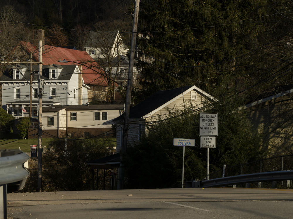 A sign greets drivers arriving in Bolivar, Pennsylvania, in rural Westmoreland county. For the past several years, the county has experienced more than 100 drug overdose deaths a year, the majority involving fentanyl.