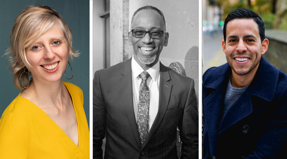 Marissa Wolf of Portland Center Stage in Ore., left, Robert Barry Fleming of Actors Theatre of Louisville, Ky., and Jacob Padrón of Long Wharf Theatre in New Haven, Conn.