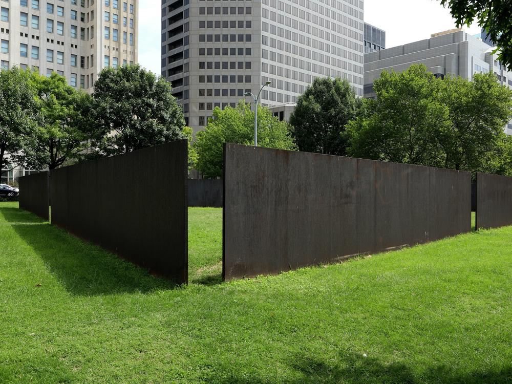 Richard Serra's 'Twain' sculpture stands in Serra Sculpture Park in St. Louis, Missouri on Aug. 10, 2017.