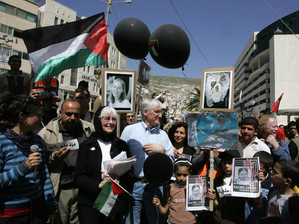 Craig and Cindy Corrie (center) take part in a protest against the Israeli occupation on March 20, 2008, in the West Bank city of Nablus.