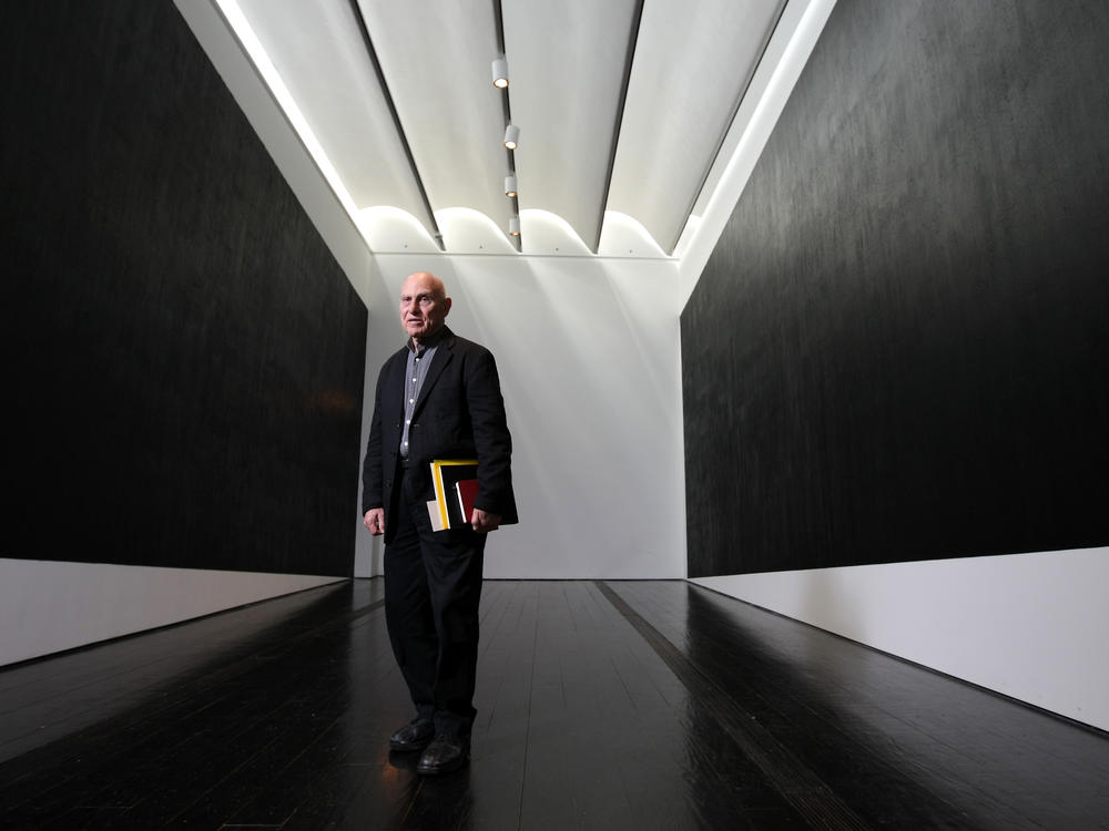 Richard Serra stands by his latest work at the Menil Collection, Tuesday, Feb. 21, 2012, in Houston. The art show, Richard Serra Drawing: A Retrospective, is the Menil Collection's landmark exhibit.