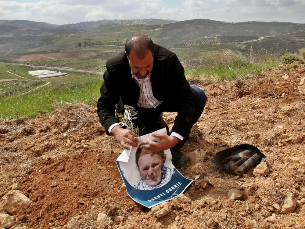 A group gathering in Qaryut village southeast of Nablus, West Bank, on March 15, 2015, plant an olive tree as they mark the 12th anniversary of the death of U.S. activist Rachel Corrie, who died when she was crushed by an Israeli bulldozer in the Gaza Strip on March 16, 2003.