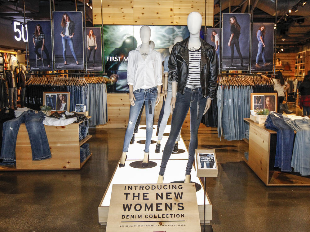 Skinny jeans are on display in San Francisco in 2015.
