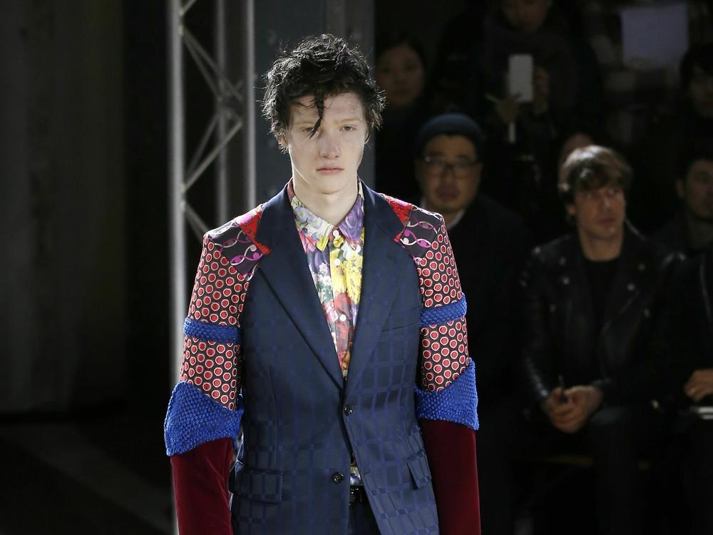 A model wears a creation by Comme des Garçons Homme Plus during Men's Fashion Week in Paris in 2016.