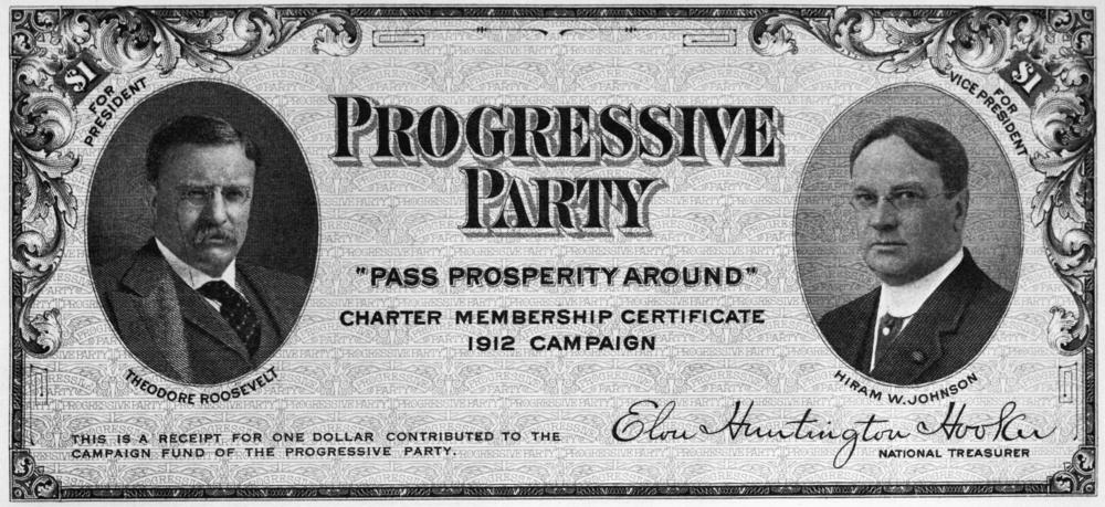Theodore Roosevelt-Hiram W. Johnson Progressive Party (Bull Moose) certificate. Photograph, 1912.