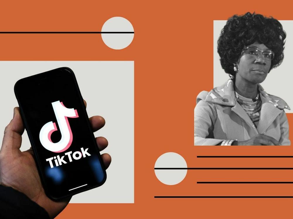 A hand holding a phone displaying the Tik Tok logo; U.S. Congresswoman Shirley Chisholm