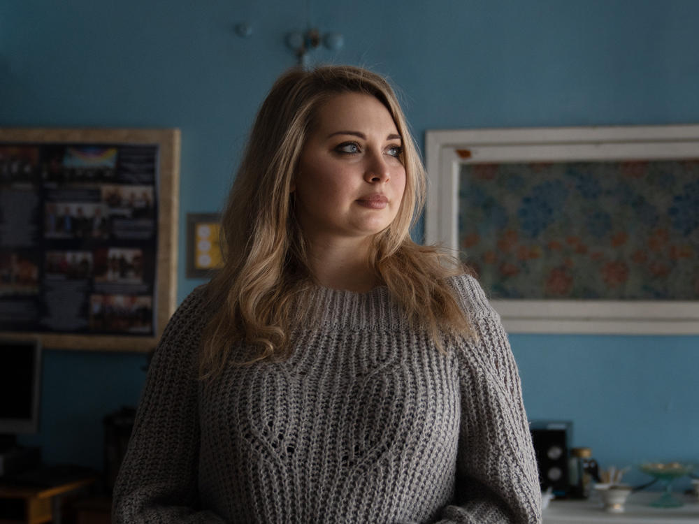 Kristina Vasyliuk works at a humanitarian center in Kostiantynivka where people come for supplies.