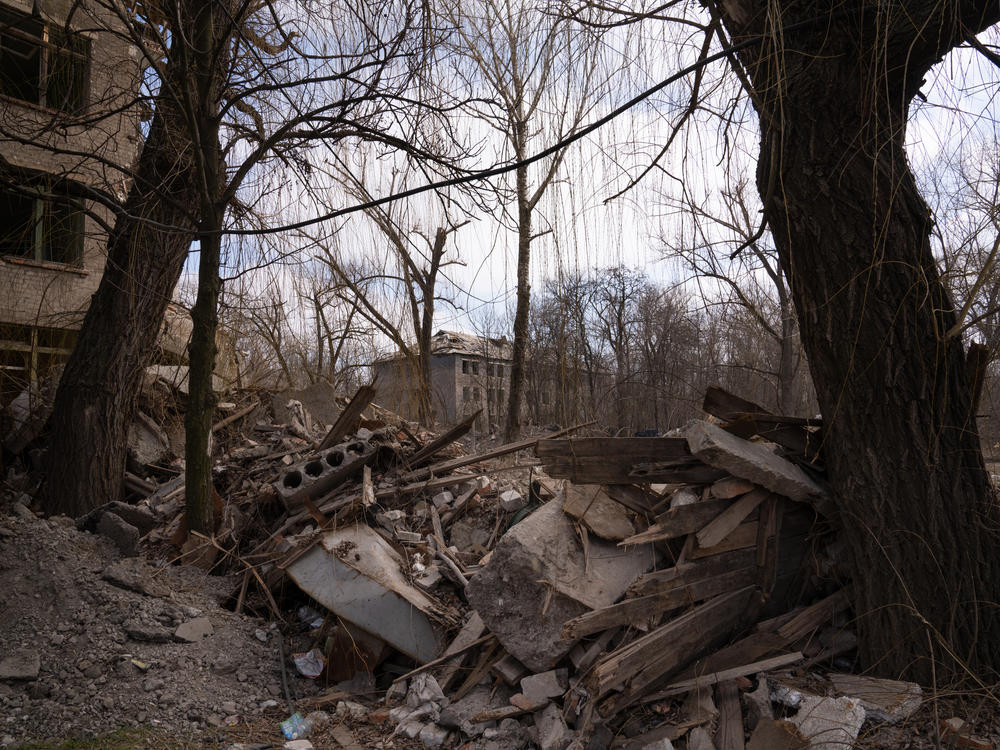 Buildings damaged by Russian strikes in Kostiantynivka. The sounds of artillery, mortar rounds and bombs dropped from planes are heard every day.