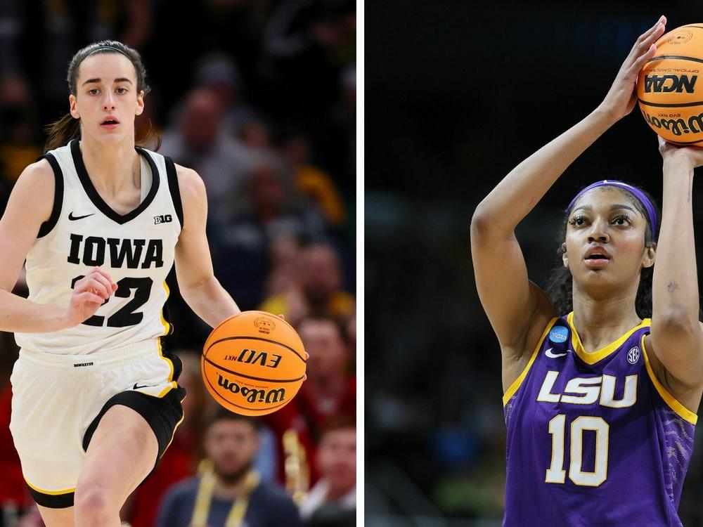 Caitlin Clark (left) of the Iowa Hawkeyes dribbles against the Nebraska Cornhuskers during the Big Ten Women's Basketball Tournament Championship on March 10 in Minneapolis. Angel Reese of the LSU Tigers shoots against the UCLA Bruins during the second half in the Sweet 16 round of the NCAA Women's Basketball Tournament on March 30 in Albany, N.Y.