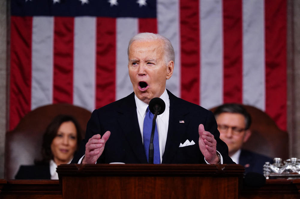 Joe Biden — with a tie — delivers the State of the Union address on March 7.
