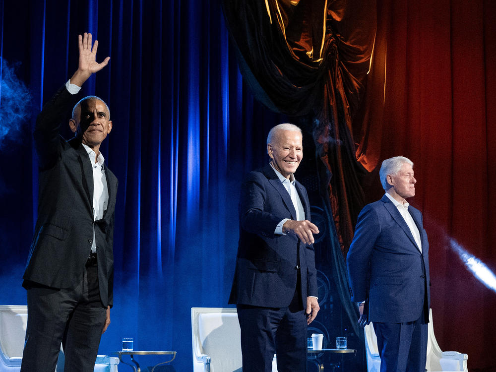 Barack Obama, Joe Biden and Bill Clinton attend a campaign fundraising event in New York on March 28.