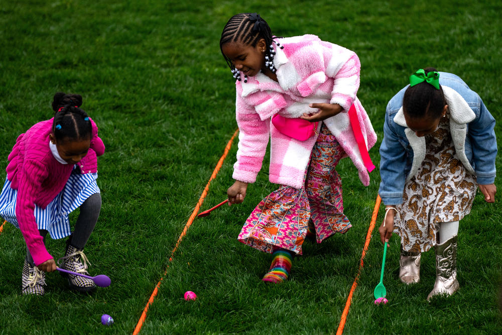 Children participate in the annual White House Easter Egg Roll on the South Lawn of the White House.