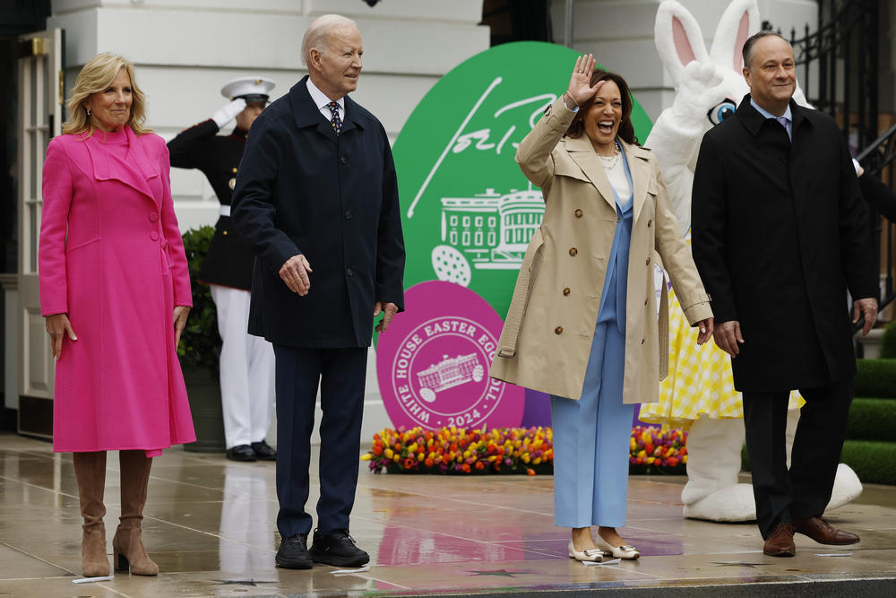(L-R) First lady Jill Biden, U.S. President Joe Biden, Vice President Kamala Harris and second gentleman Doug Emhoff wave to guests during the White House Easter Egg Roll.